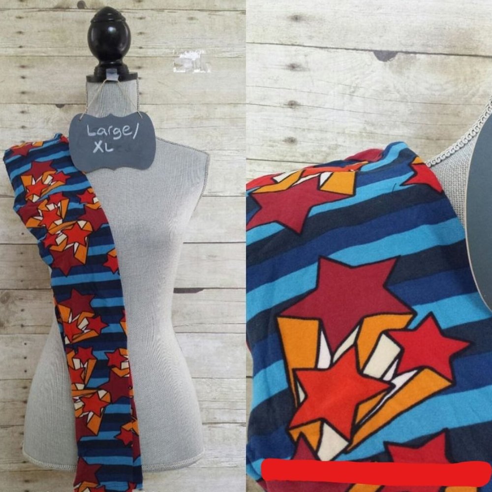 LuLaRoe Kids' Leggings L/XL - Red Stars with Stripes in Blues 2